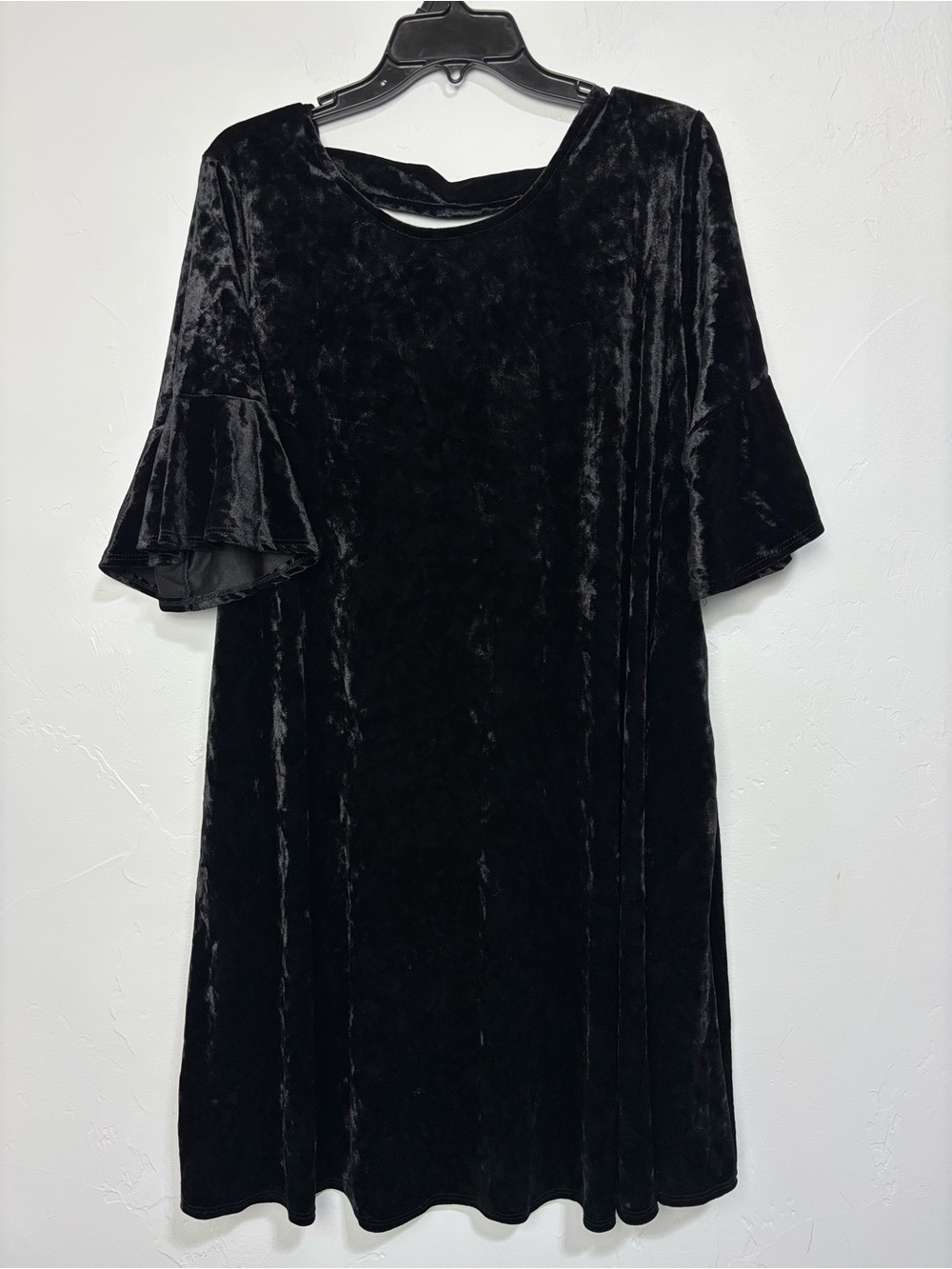 Black Crushed Velvet Short Sleeve Shift Dress Vintage Women's XL Swing Bell